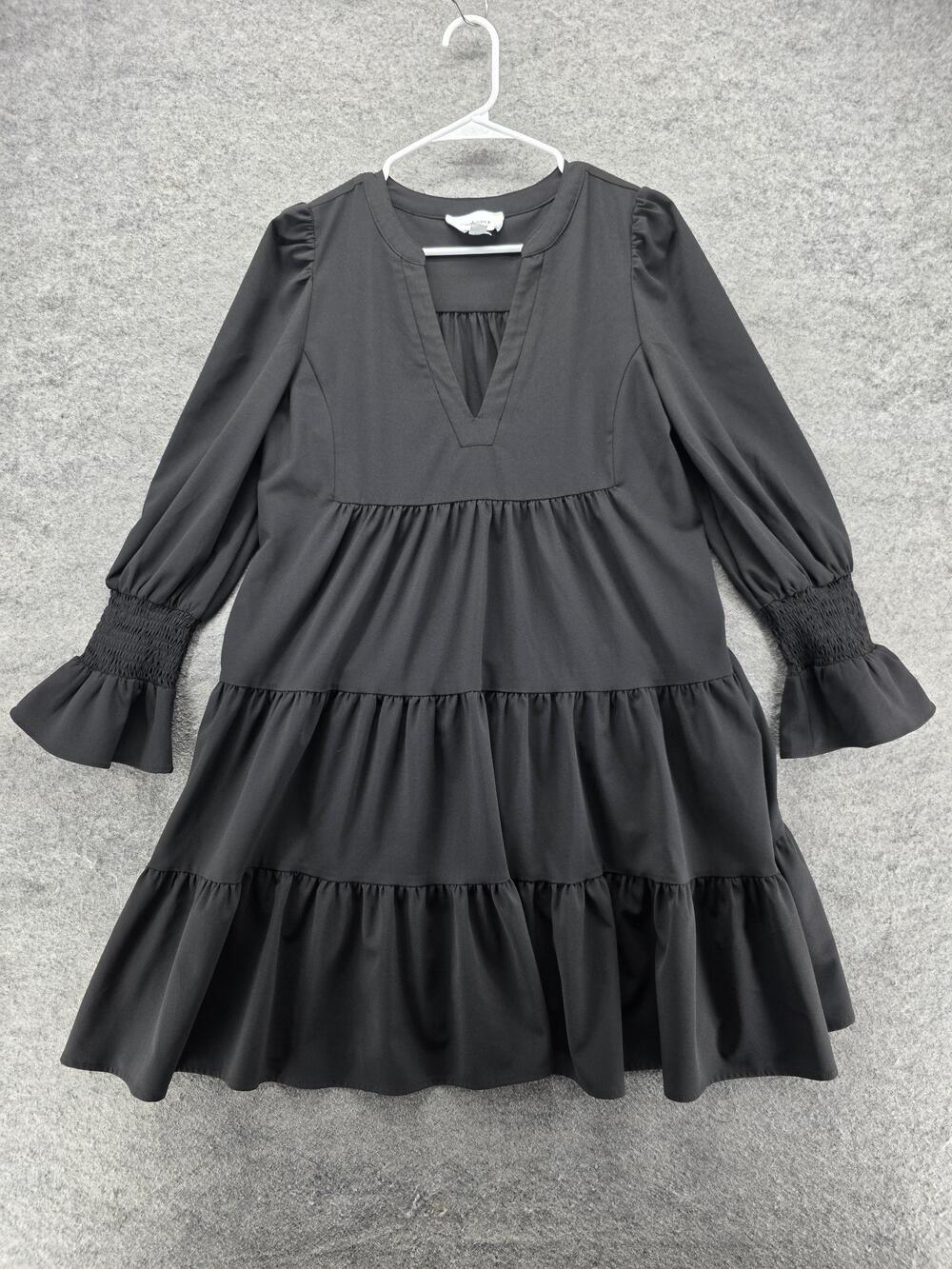 POMANDER Place Dress Womens Medium Black Trapeze & Swing V-Neck Smocked Ruffle